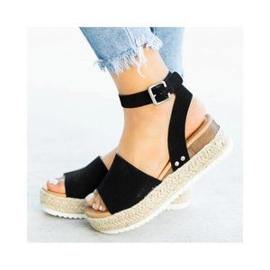 Black Suede Espadrille Platform Wedge Sandal